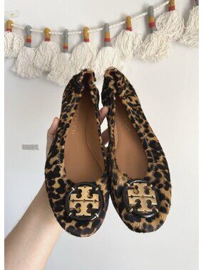 Tory Burch Minnie Calf Hair Barbados Leopard Ballet Flats Gold Logo Slip On 10